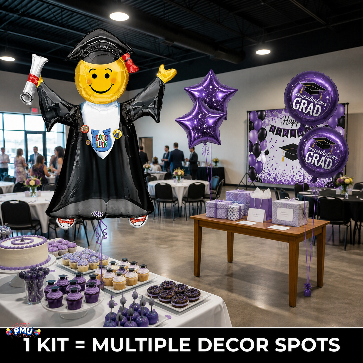 PMU Graduation Girl Jumping Smiley Grad Balloon Bouquet | Jumping Grad Mylar Balloons | Jump for Joy Graduation Smiley Grad Balloon | Grad Foil Balloons