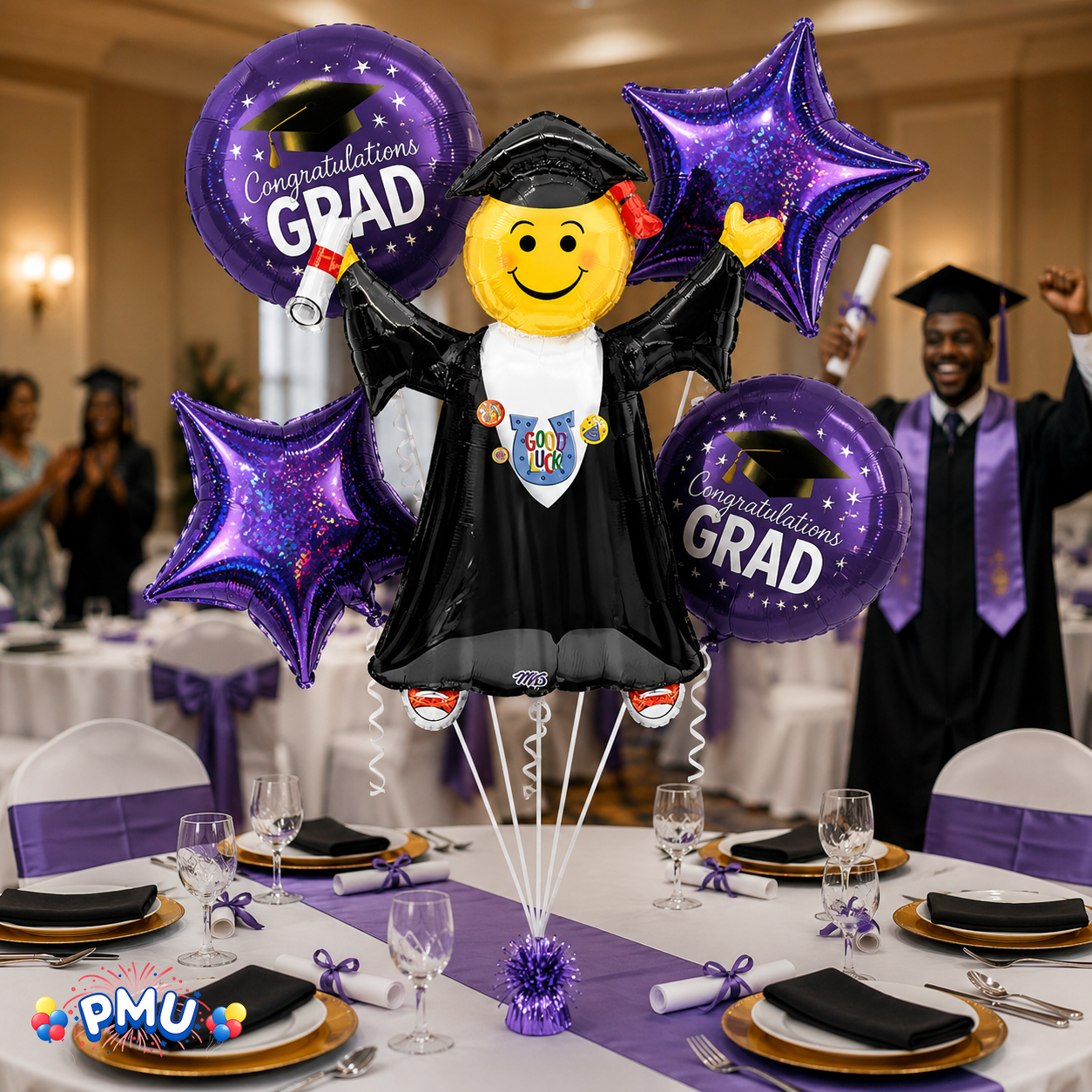 PMU Graduation Girl Jumping Smiley Grad Balloon Bouquet | Jumping Grad Mylar Balloons | Jump for Joy Graduation Smiley Grad Balloon | Grad Foil Balloons