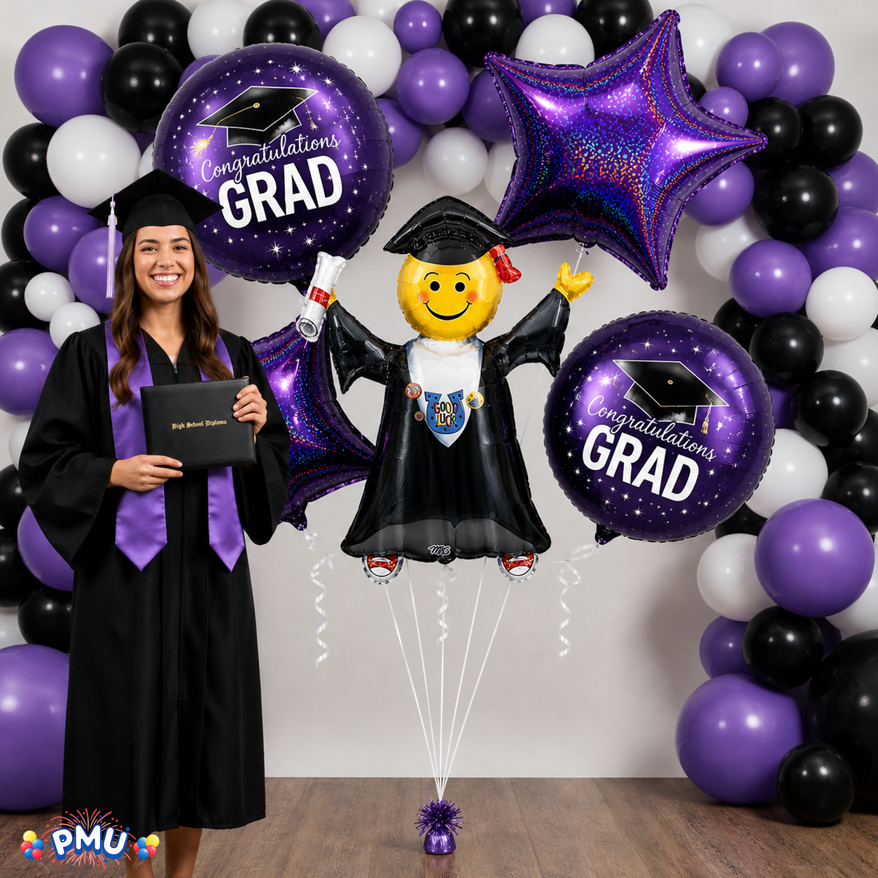 PMU Graduation Girl Jumping Smiley Grad Balloon Bouquet | Jumping Grad Mylar Balloons | Jump for Joy Graduation Smiley Grad Balloon | Grad Foil Balloons
