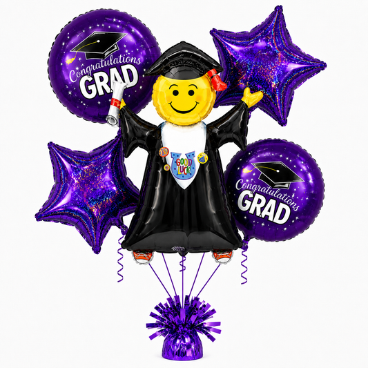 PMU Graduation Girl Jumping Smiley Grad Balloon Bouquet | Jumping Grad Mylar Balloons | Jump for Joy Graduation Smiley Grad Balloon | Grad Foil Balloons