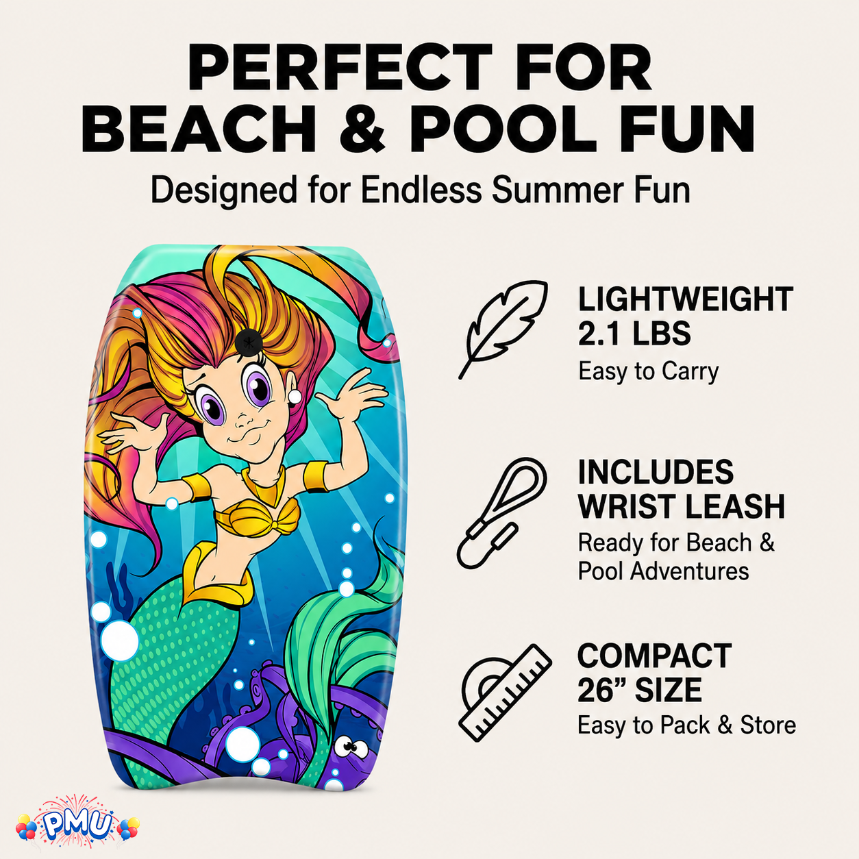 PMU 26 Inch Graphics Printed Bodyboard - Lightweight Wrist Leash Slick Bottom Boogie Board for Beach, Sea & Pool - Surfing Board for Kids, Teens & Adults Wave Conditions  Pkg/1