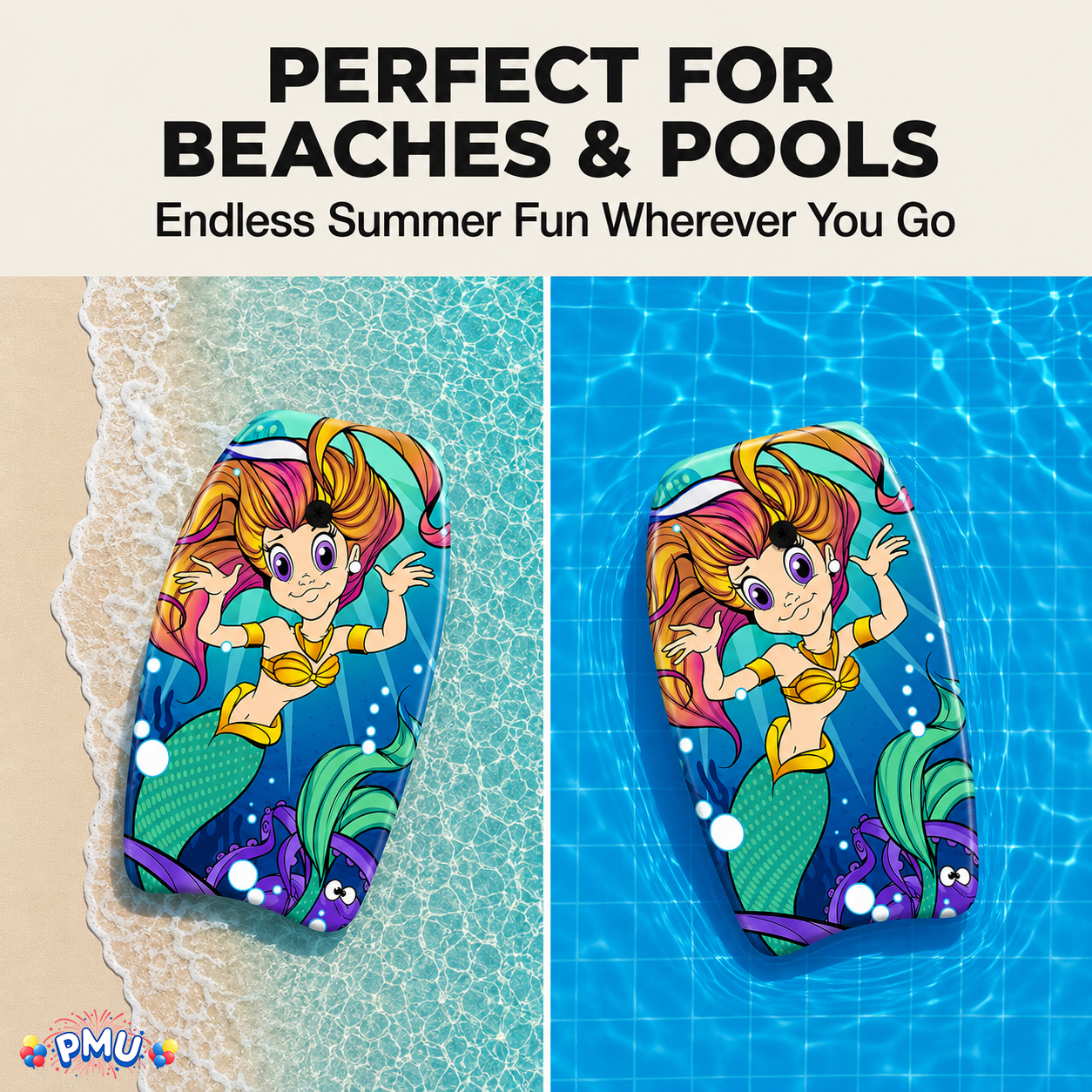PMU 26 Inch Graphics Printed Bodyboard - Lightweight Wrist Leash Slick Bottom Boogie Board for Beach, Sea & Pool - Surfing Board for Kids, Teens & Adults Wave Conditions  Pkg/1