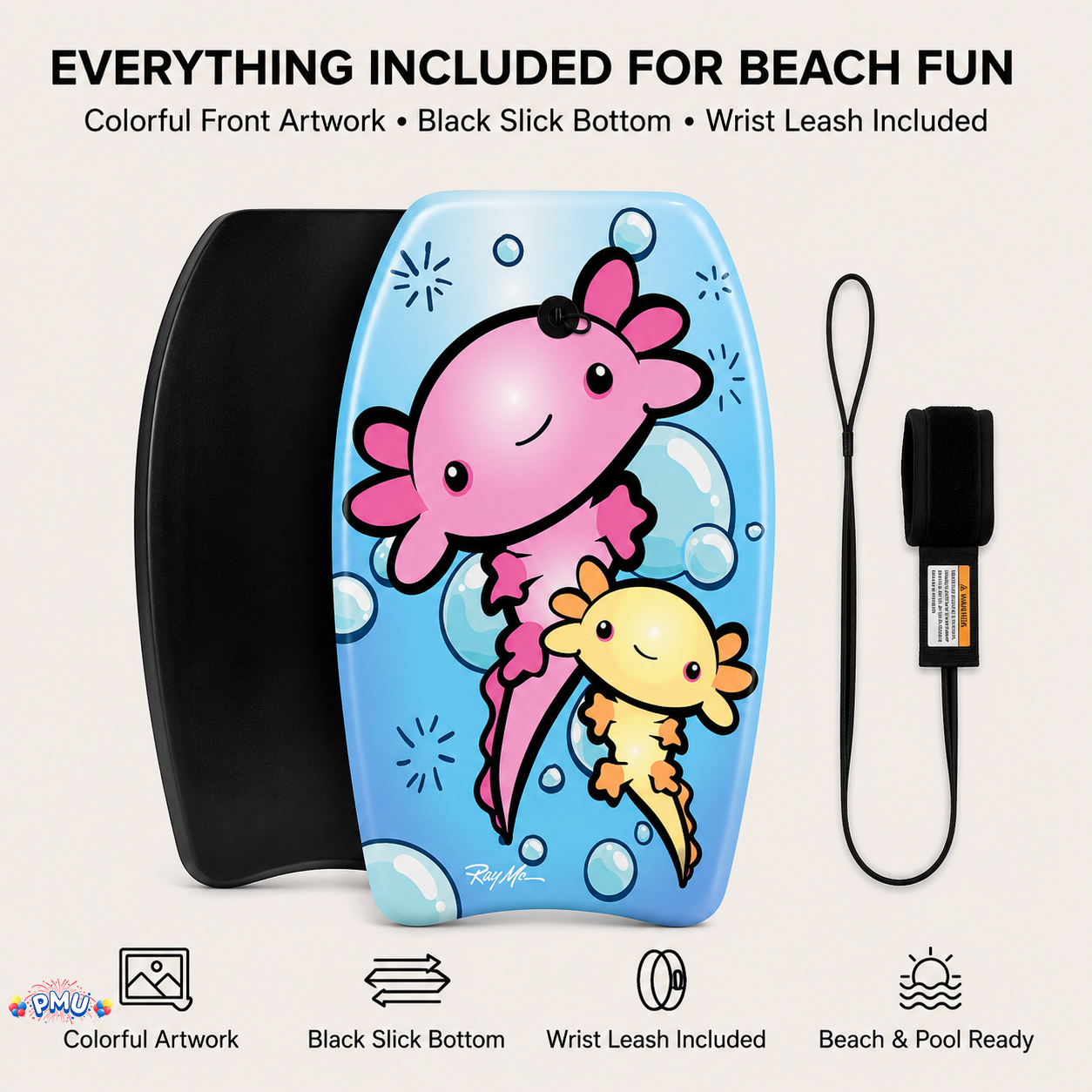 PMU 26 Inch Graphics Printed Bodyboard - Lightweight Wrist Leash Slick Bottom Boogie Board for Beach, Sea & Pool - Surfing Board for Kids, Teens & Adults Wave Conditions  Pkg/1