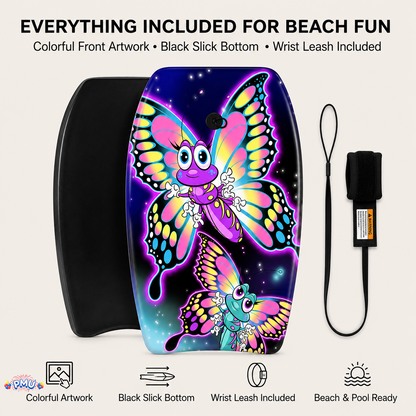 PMU 26 Inch Graphics Printed Bodyboard - Lightweight Wrist Leash Slick Bottom Boogie Board for Beach, Sea & Pool - Surfing Board for Kids, Teens & Adults Wave Conditions  Pkg/1