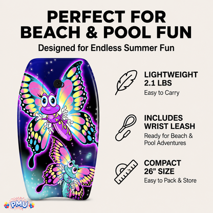 PMU 26 Inch Graphics Printed Bodyboard - Lightweight Wrist Leash Slick Bottom Boogie Board for Beach, Sea & Pool - Surfing Board for Kids, Teens & Adults Wave Conditions  Pkg/1