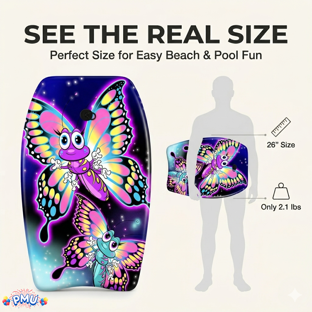 PMU 26 Inch Graphics Printed Bodyboard - Lightweight Wrist Leash Slick Bottom Boogie Board for Beach, Sea & Pool - Surfing Board for Kids, Teens & Adults Wave Conditions  Pkg/1