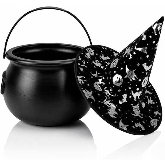 PMU 2 Pc Halloween Witch Cauldron Set – 8 Inch Black Cauldron Bowl & Witch Hat for Halloween Party Decorations, Tabletop & Home Décor
