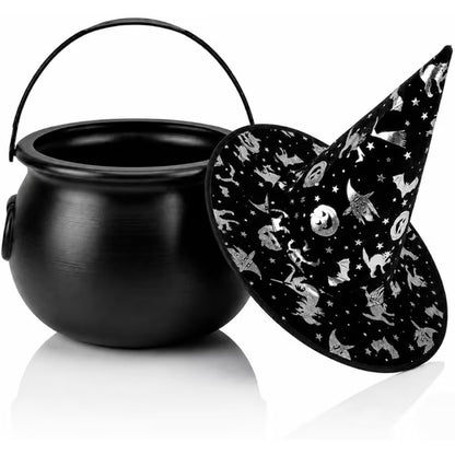 PMU 2 Pc Halloween Witch Cauldron Set – 8 Inch Black Cauldron Bowl & Witch Hat for Halloween Party Decorations, Tabletop & Home Décor