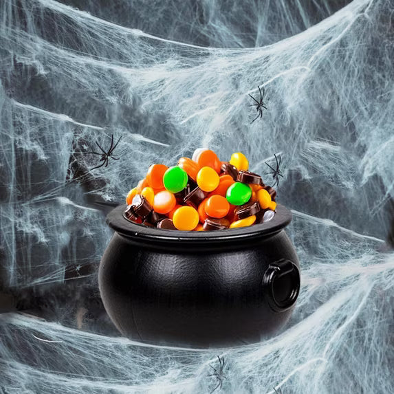 PMU Halloween 2pc Multi Pack 8in Black Plastic Small Cauldron with White Spider Web (1) 8in 55280-NHS (1) 28033 (2/pkg) Pkg/1