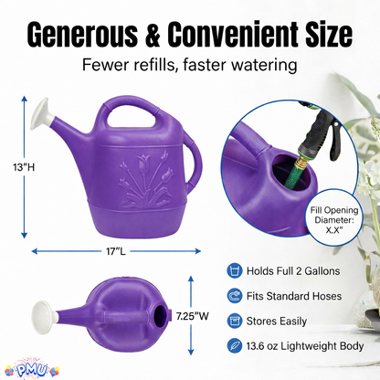 PMU 2 Gallon Watering Can - Garden Watering Can for Indoor & Outdoor Plants - Plastic Water Can with Detachable Sprinkler Head - Large Water Pot, Made in USA