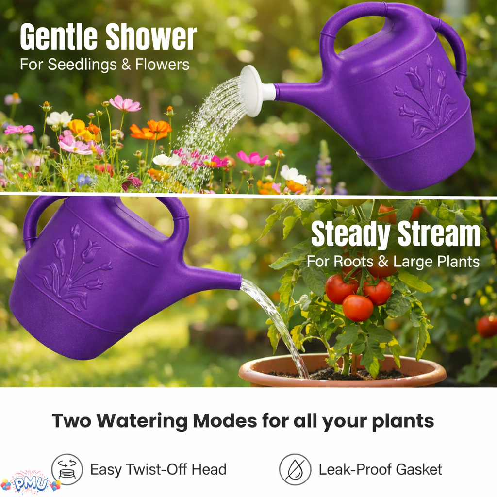 PMU 2 Gallon Watering Can - Garden Watering Can for Indoor & Outdoor Plants - Plastic Water Can with Detachable Sprinkler Head - Large Water Pot, Made in USA