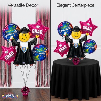 PMU Graduation Girl Jumping Smiley Grad Balloon Bouquet | Jumping Grad Mylar Balloons | Jump for Joy Graduation Smiley Grad Balloon | Grad Foil Balloons