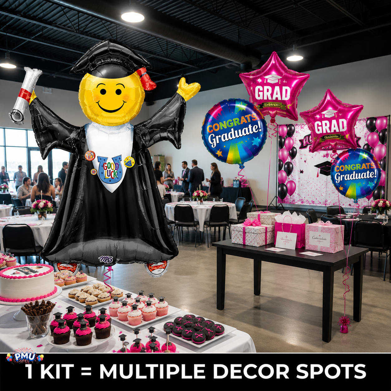 PMU Graduation Girl Jumping Smiley Grad Balloon Bouquet | Jumping Grad Mylar Balloons | Jump for Joy Graduation Smiley Grad Balloon | Grad Foil Balloons