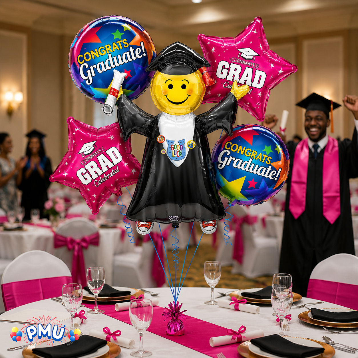 PMU Graduation Girl Jumping Smiley Grad Balloon Bouquet | Jumping Grad Mylar Balloons | Jump for Joy Graduation Smiley Grad Balloon | Grad Foil Balloons