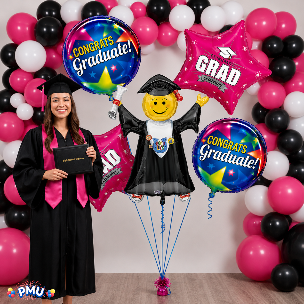 PMU Graduation Girl Jumping Smiley Grad Balloon Bouquet | Jumping Grad Mylar Balloons | Jump for Joy Graduation Smiley Grad Balloon | Grad Foil Balloons