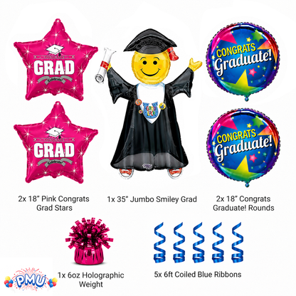 PMU Graduation Girl Jumping Smiley Grad Balloon Bouquet | Jumping Grad Mylar Balloons | Jump for Joy Graduation Smiley Grad Balloon | Grad Foil Balloons