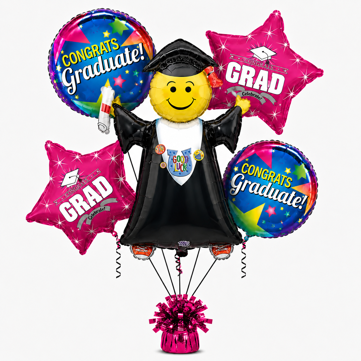 PMU Graduation Girl Jumping Smiley Grad Balloon Bouquet | Jumping Grad Mylar Balloons | Jump for Joy Graduation Smiley Grad Balloon | Grad Foil Balloons