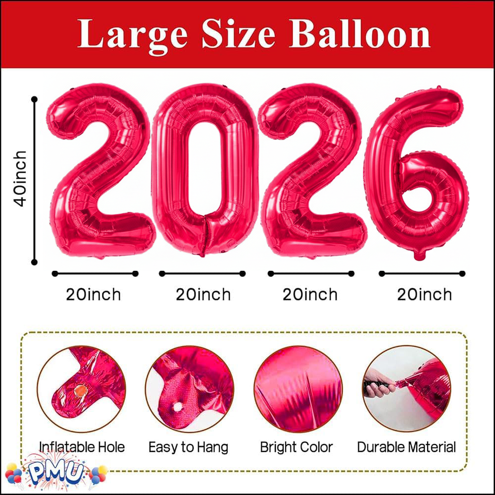 PMU New Year's Eve Party "2026" 16inch, 30inch, & 40inch in Number Mylar Balloons 2026 New Year, Graduation, Birthday, Special Events Accessories Party Celebration (4/pkg) Pkg/1