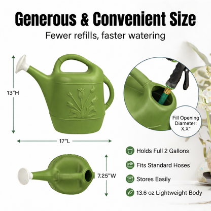 PMU 2 Gallon Watering Can - Garden Watering Can for Indoor & Outdoor Plants - Plastic Water Can with Detachable Sprinkler Head - Large Water Pot, Made in USA