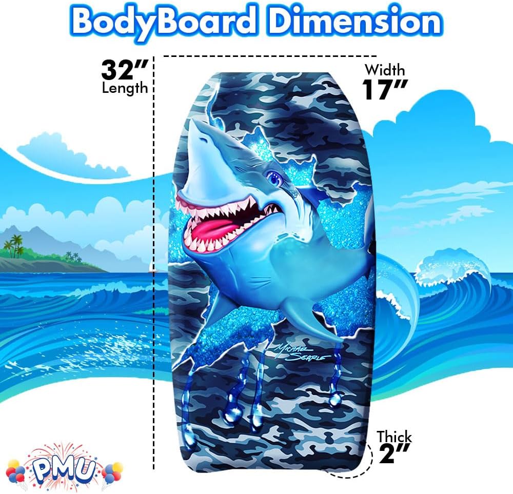 PMU 33-Inch Mermaid Graphics Printed Bodyboard - Lightweight Wrist Leash Slick Bottom Boogie Board for Beach, Sea & Pool - Surfing Board for Kids, Teens & Adults Pkg/1