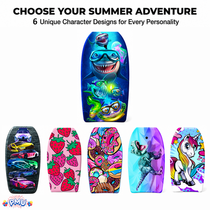 PMU 33 Inch Printed Bodyboard - Lightweight Wrist Leash Slick Bottom Boogie Board for Beach, Sea & Pool - Surfing Board for Kids, Teens & Adults Wave Conditions Pkg/1