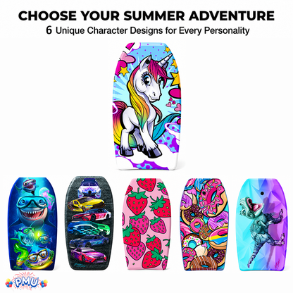 PMU 33 Inch Printed Bodyboard - Lightweight Wrist Leash Slick Bottom Boogie Board for Beach, Sea & Pool - Surfing Board for Kids, Teens & Adults Wave Conditions Pkg/1