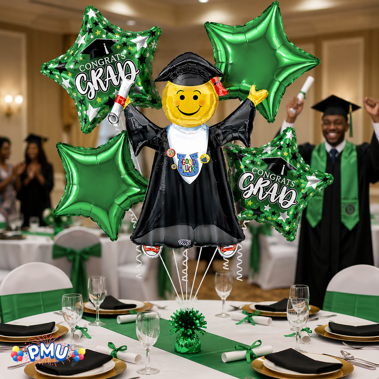 PMU Graduation Girl Jumping Smiley Grad Balloon Bouquet | Jumping Grad Mylar Balloons | Jump for Joy Graduation Smiley Grad Balloon | Grad Foil Balloons