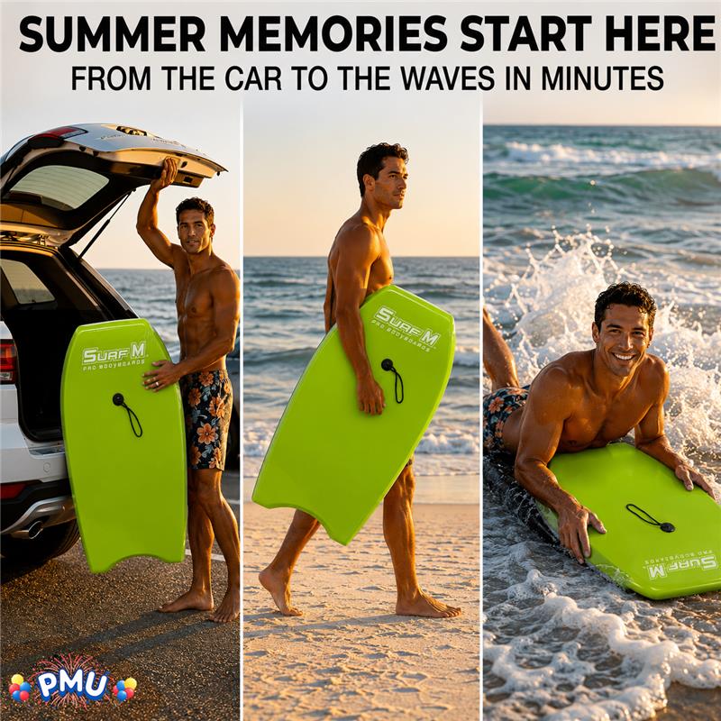 PMU 33 Inch Printed Bodyboard - Lightweight Wrist Leash Slick Bottom Boogie Board for Beach, Sea & Pool - Surfing Board for Kids, Teens & Adults Wave Conditions Pkg/1