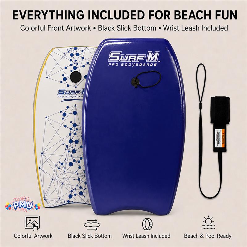 PMU 33 Inch Printed Bodyboard - Lightweight Wrist Leash Slick Bottom Boogie Board for Beach, Sea & Pool - Surfing Board for Kids, Teens & Adults Wave Conditions Pkg/1
