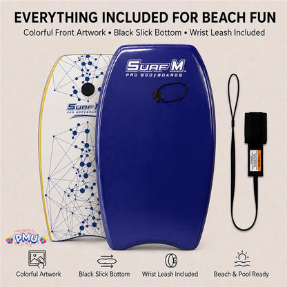 PMU 33 Inch Printed Bodyboard - Lightweight Wrist Leash Slick Bottom Boogie Board for Beach, Sea & Pool - Surfing Board for Kids, Teens & Adults Wave Conditions Pkg/1