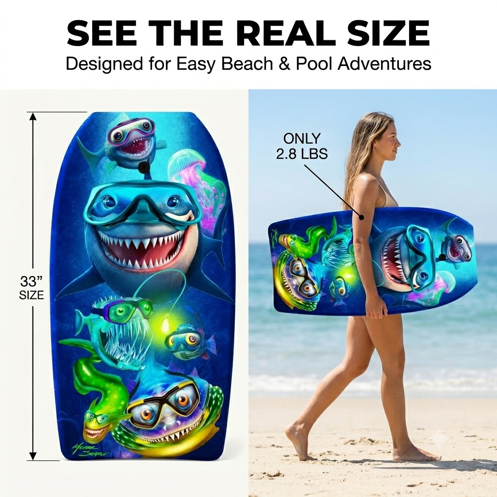PMU 33 Inch Printed Bodyboard - Lightweight Wrist Leash Slick Bottom Boogie Board for Beach, Sea & Pool - Surfing Board for Kids, Teens & Adults Wave Conditions Pkg/1
