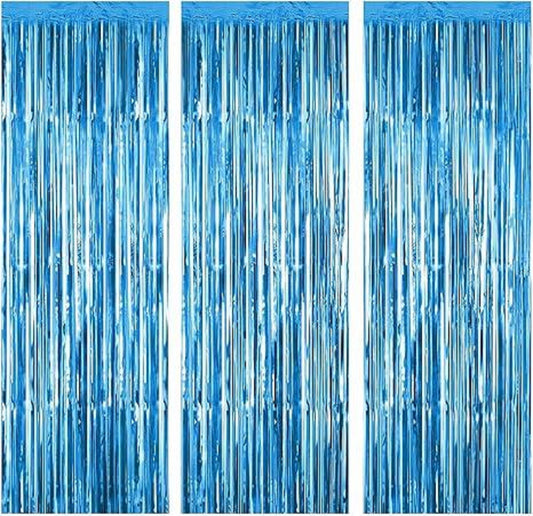 PMU Metallic Fringe Curtains | Metallic Foil Fringe Backdrop Curtains | Fringe Backdrop for Graduation, Birthday Party Decorations, Baby Shower, Disco Party |Laser Blue, 3ft x 8ft