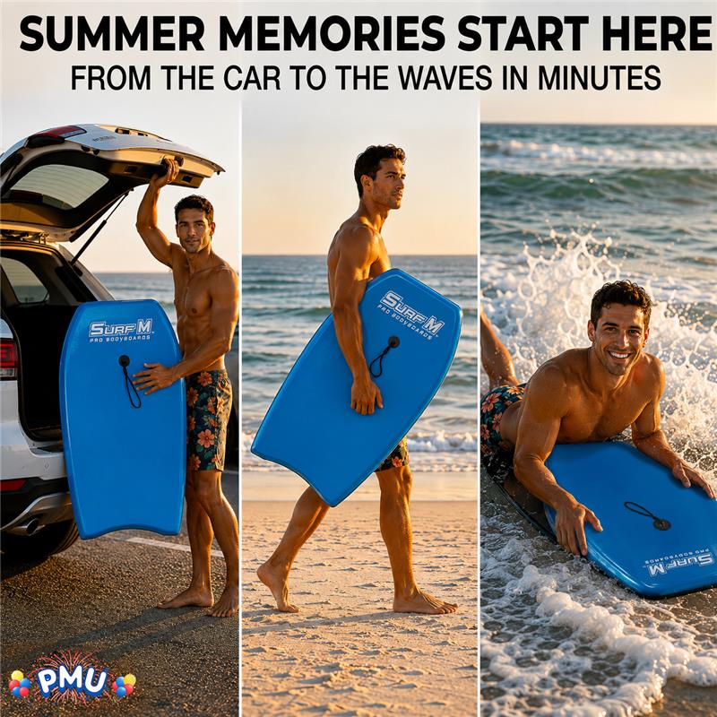 PMU 33 Inch Printed Bodyboard - Lightweight Wrist Leash Slick Bottom Boogie Board for Beach, Sea & Pool - Surfing Board for Kids, Teens & Adults Wave Conditions Pkg/1