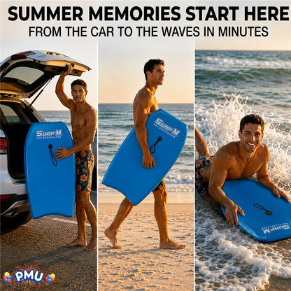 PMU 33 Inch Printed Bodyboard - Lightweight Wrist Leash Slick Bottom Boogie Board for Beach, Sea & Pool - Surfing Board for Kids, Teens & Adults Wave Conditions Pkg/1