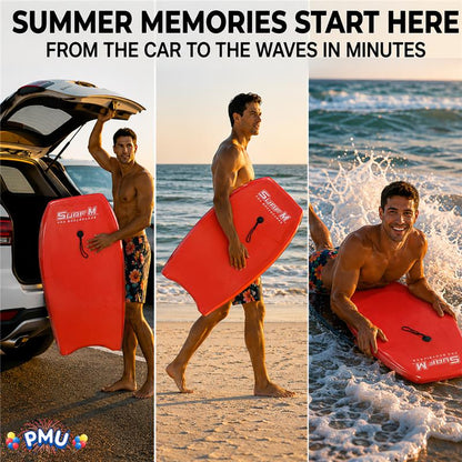PMU 33 Inch Printed Bodyboard - Lightweight Wrist Leash Slick Bottom Boogie Board for Beach, Sea & Pool - Surfing Board for Kids, Teens & Adults Wave Conditions Pkg/1