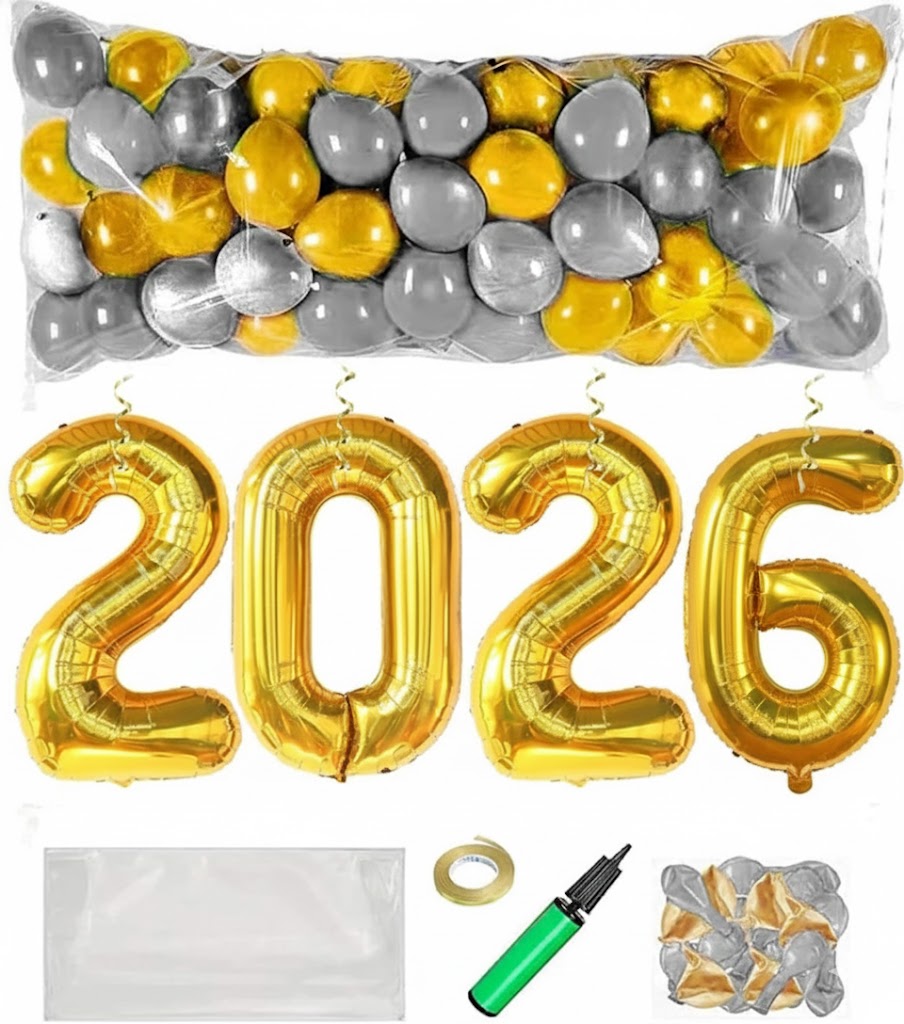 PMU New Year's Eve Party Balloon Drop Kit (100pcs Assorted 9in and 5in Balloons with Hand Pump) 4pcs "2026" 40in Gold Mylar Balloons 1 Set Assortment