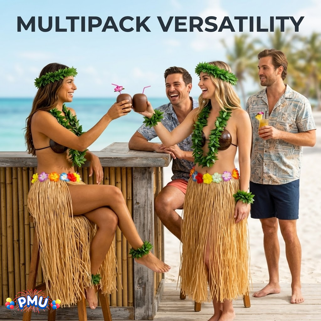 PMU 8 Pcs Hawaiian Luau Costume Set – Coconut Bikini Top, Grass Skirt, Lei &amp; Tropical Party Accessories for Luau, Beach &amp; Hula Parties