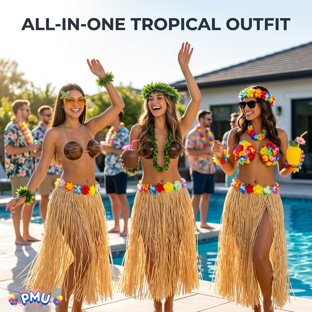 PMU 8 Pcs Hawaiian Luau Costume Set – Coconut Bikini Top, Grass Skirt, Lei &amp; Tropical Party Accessories for Luau, Beach &amp; Hula Parties