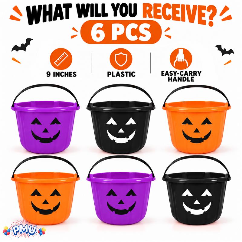 PMU Halloween Jack-O-Lantern Trick or Treat Pail Bucket - Candy Gift Basket for Kids - Pumpkin Plastic Buckets with Handle - Perfect Halloween Décor - 9 Inch