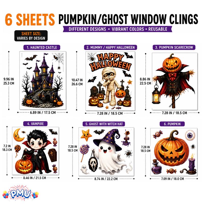PMU PMU 13 Set Halloween Window Clings, Window Decals, Scary Halloween Decor