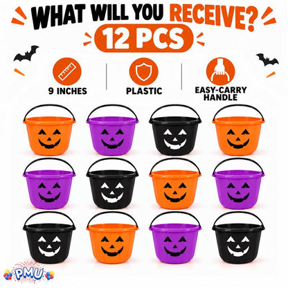 PMU Halloween Jack-O-Lantern Trick or Treat Pail Bucket - Candy Gift Basket for Kids - Pumpkin Plastic Buckets with Handle - Perfect Halloween Décor - 9 Inch