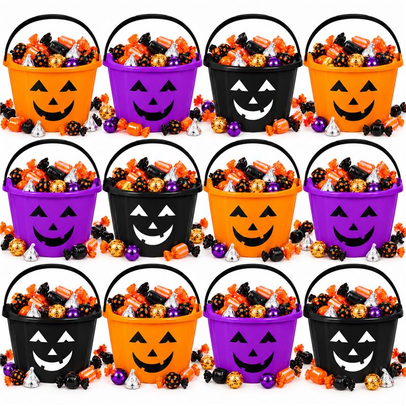PMU Halloween Jack-O-Lantern Trick or Treat Pail Bucket - Candy Gift Basket for Kids - Pumpkin Plastic Buckets with Handle - Perfect Halloween Décor - 9 Inch