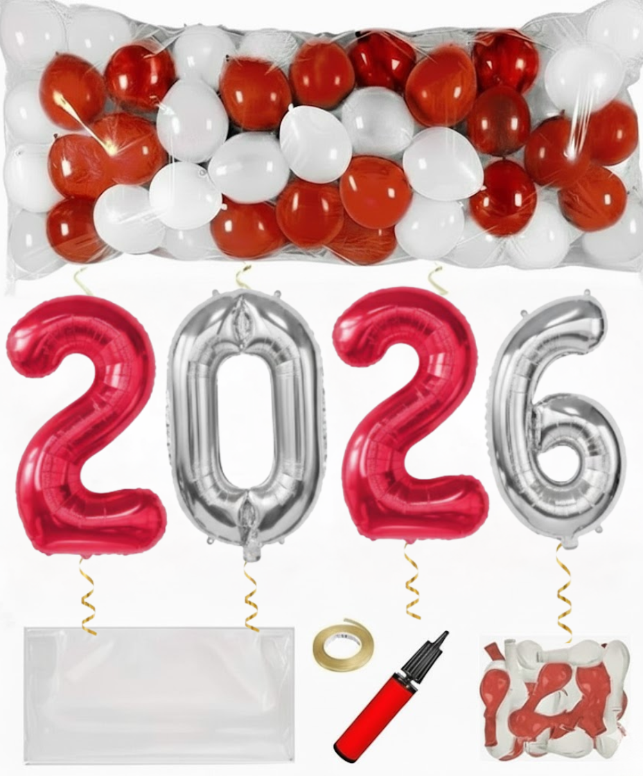 PMU New Year's Eve Party Balloon Drop Kit (100pcs Assorted 9in and 5in Balloons with Hand Pump) 4pcs "2026" 40in Gold Mylar Balloons 1 Set Assortment