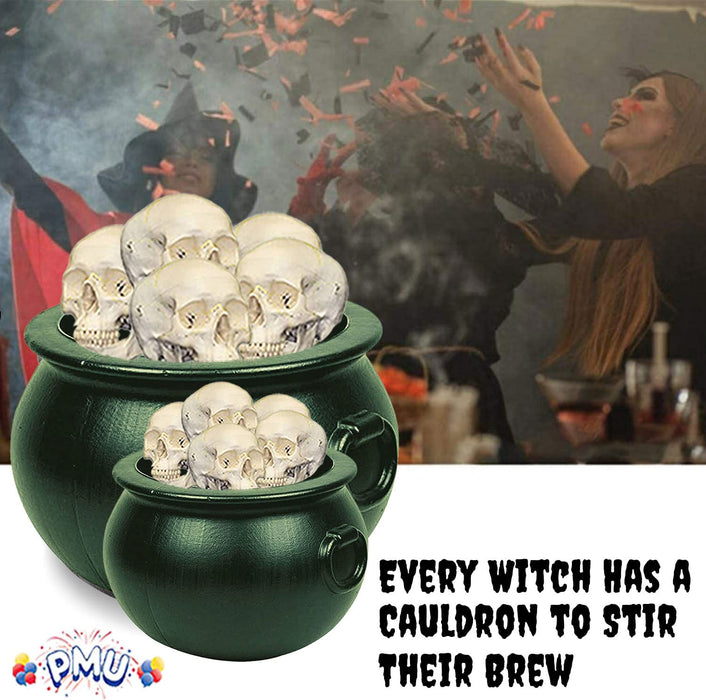 PMU Halloween Cauldron - Cauldron Plastic Pot & Bucket - Halloween Party Favors & Supplies - Perfect Kitchen & Home Décor - Candy Holder for Kids, 16 &12 (inches) Witches Green
