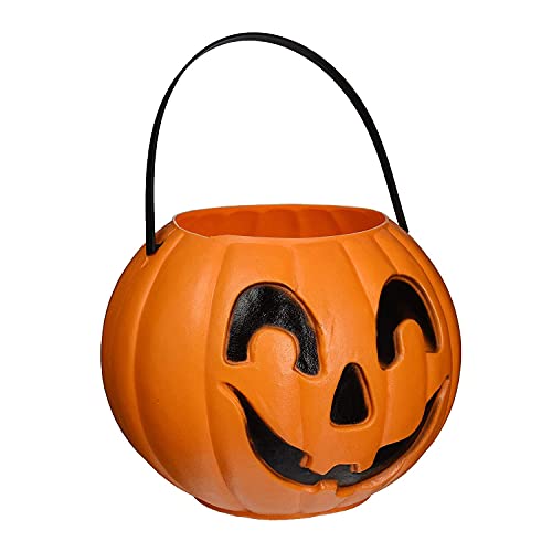 PMU Halloween Trick or Treat Jack-O-Lantern Carry Jack - Halloween Pumpkin Decorations - Candy Gift Basket for Kids - Pumpkin Bucket with Handles - 9 Inch w/Handle - Orange