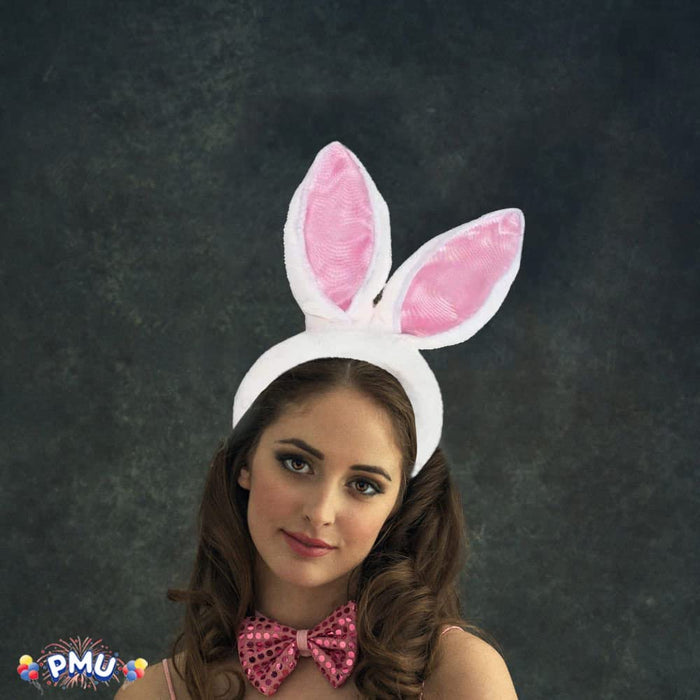 PMU Plush Soft-Touch Satin Bunny Ears Headband White and Pink Costume Accessory