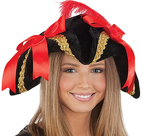 PMU Black Velvet Ladies Pirate Hat with Gold Trim, Red Bows and Feather