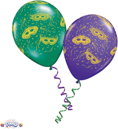 PMU Mardi Gras Balloons 11 Inch Assorted Green and Purple Latex with All-Over Print Gold Masks and Confetti