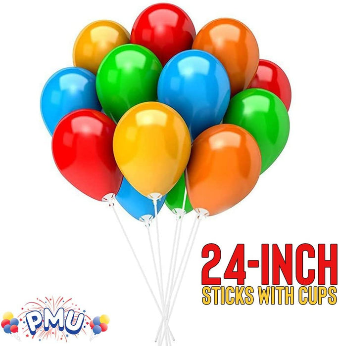 PMU Balloon Maxi Sticks 24 Inch White with Clear Maxi Cups Premium Latex/Mylar Balloon Holder for Air-Filled Balloons