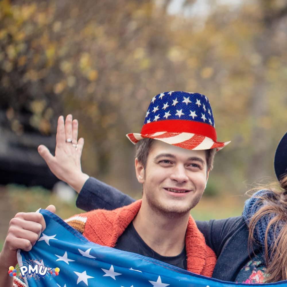 PMU Patriotic Burlap Fedora US Flag Pattern Red, White and Blue Stars and Stripes Themed 4th of July Summer Straw Hat Unisex Adult Costume Accessory